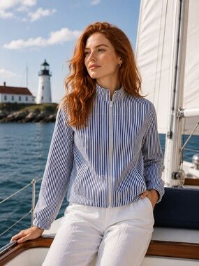 Orvis Navy and White Striped Zip Jacket